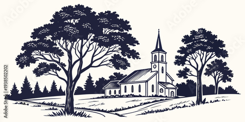 A serene landscape featuring a historic building surrounded by lush trees and a clear sky Vector