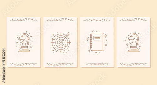 Business Strategy Icons: Chess Knight, Target, Notebook on beige background