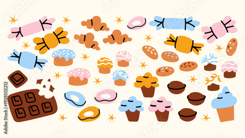 Sweet dessert and candy collection with caramel treats, pastries, and croissants. Cute bakery counter assortment in retro cartoon doodle style, perfect for sticker packs, branding, menu design.