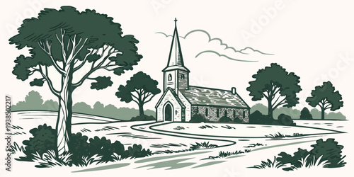 A serene countryside landscape with a church and trees by a river Vector