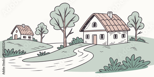 A picturesque countryside scene with a small village nestled among rolling hills and lush trees Vector