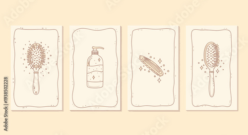 Hand-drawn Hair Brushes and Pump Bottle Icons on Vintage Card Background