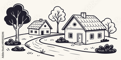 A charming suburban neighborhood with houses, trees, and a winding road. Vector