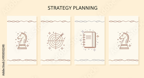 Strategy Planning Icons: Chess Knight, Target, Notebook, Chess Knight - Business Concept