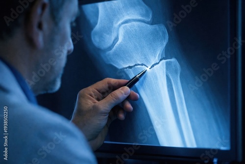 A doctor points to a bone fracture on a digital X-ray scan. Professional medical diagnostic scene showing injury analysis. Ideal for healthcare and trauma related content.