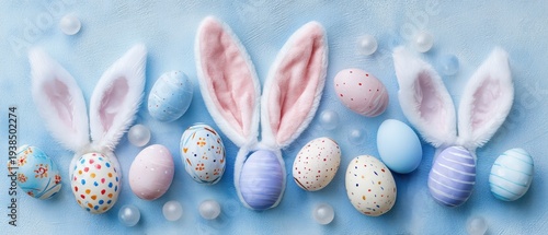 Colorful decorated Easter eggs and fluffy bunny ears arranged in a row on a pastel blue background,
