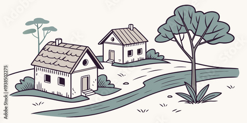 A serene illustration of a small village nestled in a lush, green valley. Vector