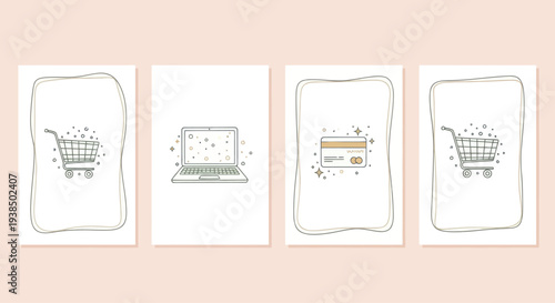 Online Shopping Icons: Laptop, Credit Card, Shopping Cart on Pastel Background