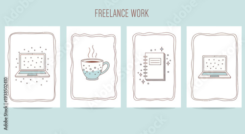 Freelance Work: Laptop, Coffee, Notebook, and Laptop - Vector Illustration