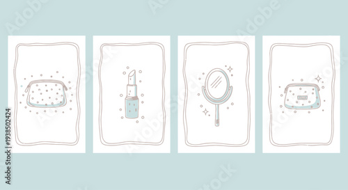 Cosmetic Bag, Lipstick, and Mirror Line Art Illustrations on White Background