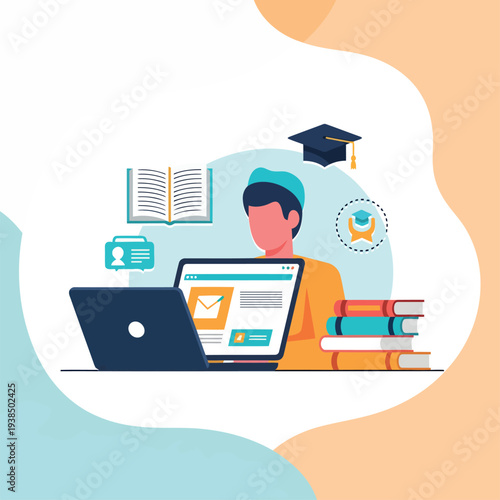 Online Learning Student Studying on Laptop with Books and Graduation Icons
