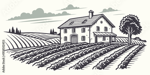 A picturesque countryside landscape with a farmhouse and rolling hills under a clear sky Vector