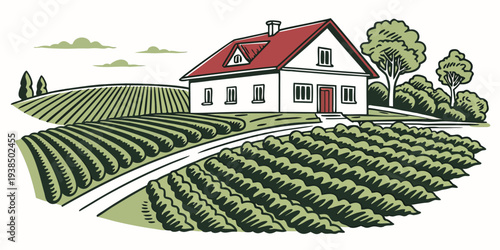A picturesque countryside scene with a charming house and rolling vineyards Vector