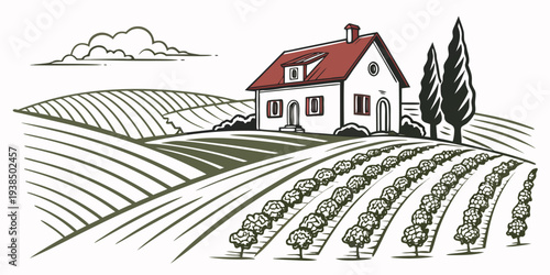 A picturesque farmhouse nestled in a lush green valley with rolling hills in the background. Vector