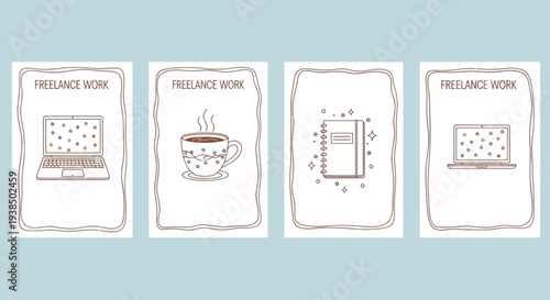 Freelance Work Concept: Laptop, Coffee, Book, Laptop - Hand Drawn Style