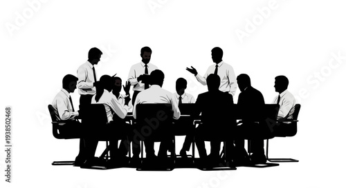 Business Meeting Silhouette: Team Collaboration and Discussion Around a Table