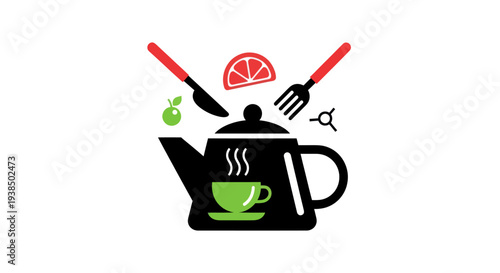Tea kettle with food icon elements