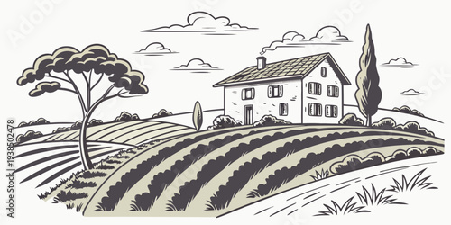 A serene countryside landscape with a farmhouse and rolling hills under a clear sky Vector