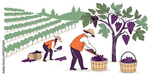 Farmers harvesting crops in a field with various farm equipment and animals. Vector
