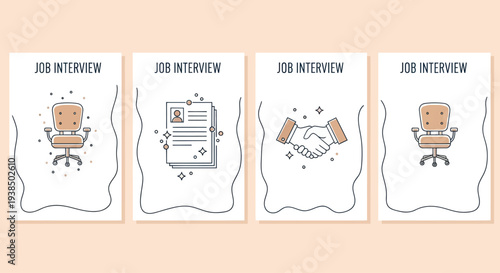 Job Interview Icons: Office Chair, Resume, Handshake, Hiring Process
