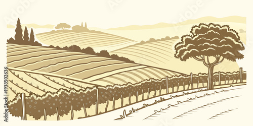 A serene landscape of rolling hills and a winding road in a rural countryside setting. Vector