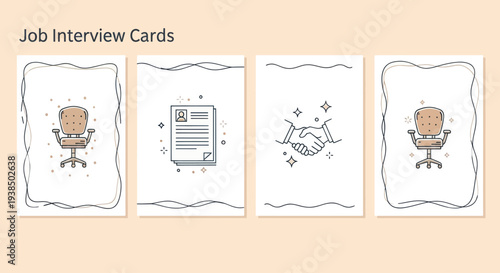Job Interview Cards: Hiring Process, Career, Meeting, Office Chair, Resume, Handshake
