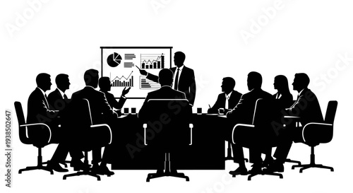 Business Meeting Silhouette: Team Discussing Strategy at Conference Table with Presentation