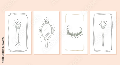 Hand-drawn makeup brushes and mirror sketches on pastel background.