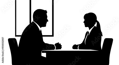Business Meeting Silhouette: Two Professionals Discussing at a Table in Office