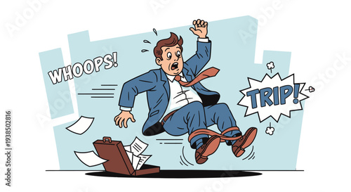 Man in suit tripping and falling with papers flying everywhere.