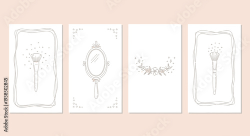 Elegant Hand-Drawn Makeup Brushes and Mirror on White Cards, Beauty Design Elements