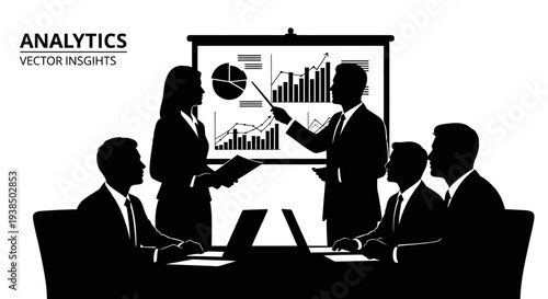 Business Meeting Silhouettes: Analytics Presentation with Charts and Graphs