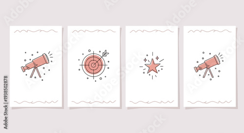 Visionary Concept: Telescope, Target, Star Icons on White Background