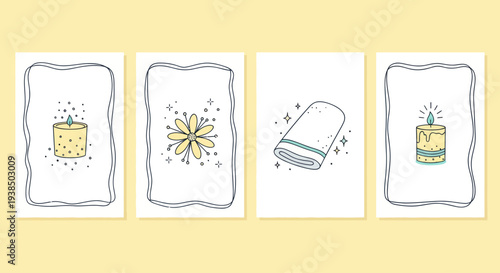 Cozy Self Care Cards: Candle, Flower, Towel Illustrations on Pastel Background