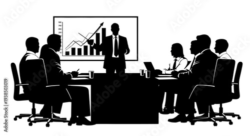 Business Meeting Silhouettes: Presentation with Growth Chart and Team Collaboration
