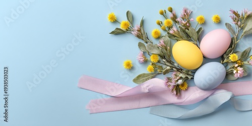 Pastel Easter eggs with spring flowers and ribbons on light blue background, festive holiday composition with copy space,