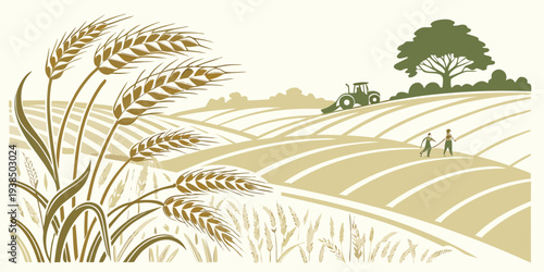 A serene landscape with tall grass and a distant tree under a clear blue sky Vector