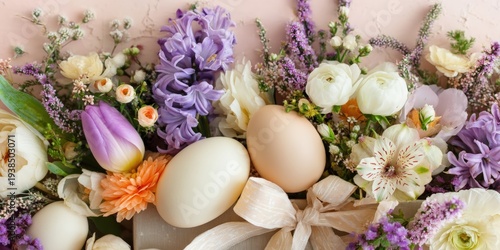Pastel Easter eggs nestled in a lush spring floral arrangement with tulips, hyacinths and a decorative ribbon on a soft pink background,