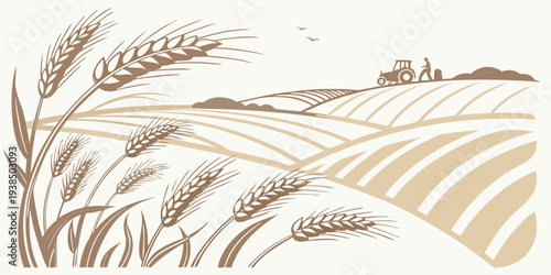 Golden wheat field under a vast blue sky with scattered clouds and mountains in the distance Vector