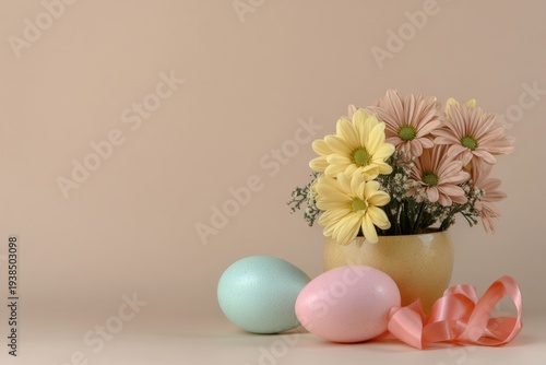 Pastel daisies in a yellow vase with decorative Easter eggs and ribbon on a beige background,