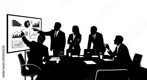 Business meeting with charts and graphs on screen, silhouettes of people in office