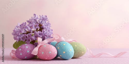 Pastel Easter eggs with ribbons and lilac flowers on a soft pink background, creating a delicate spring holiday decoration,