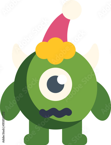 Green one eyed monster wearing a red and white santa hat for christmas