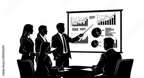 Business meeting with charts and graphs on screen, team discussing strategy