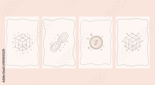 Blockchain technology icons: cube, chain link, coin, abstract network on pastel background.