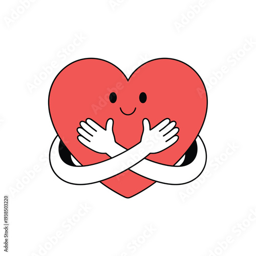 A cheerful red heart character embraces itself with outstretched arms