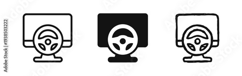 Online driving and remote control icon set, virtual simulation and gaming symbol with multiple styles.