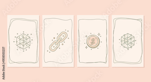 Blockchain and Cryptocurrency Icons: Cube, Link, Coin