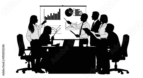 Business meeting with charts and graphs presentation, team collaboration, strategy discussion
