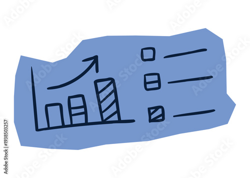 Hand drawn growth bar chart with checklist and upward arrow on blue abstract shape for scrapbook and journal. Vector illustration design.